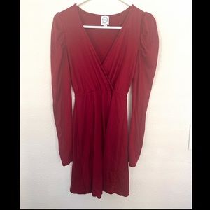 Francesca’s Dark Red Long-Sleeved Mini Dress with Puffy Shoulders - Small